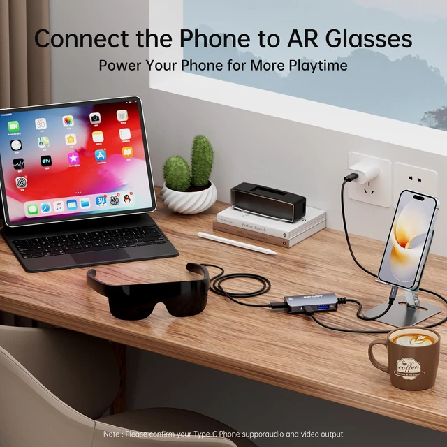 Alt view image 7 of 7 - USB C to AR Glasses Adapter Power and Play Adapter for AR Glasses Support PD 100W, 4K @ 60Hz Compatible with iPhone 15/16 Viture/Rokid/Xreal AR Glasses (Dual USB C)