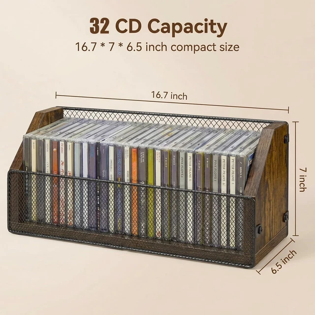 Alt view image 4 of 7 - CD Storage Rack, Wooden CD Organizer Holds 32 CDs, Retro CD Shelf for Desktop, Perfect for DVD, Blu ray & Video Game Cases, Space Saving