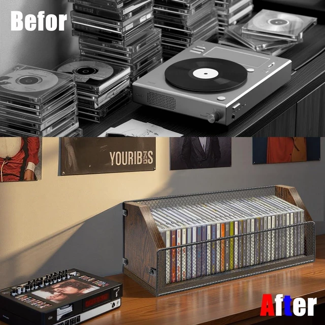 Alt view image 6 of 7 - CD Storage Rack, Wooden CD Organizer Holds 32 CDs, Retro CD Shelf for Desktop, Perfect for DVD, Blu ray & Video Game Cases, Space Saving