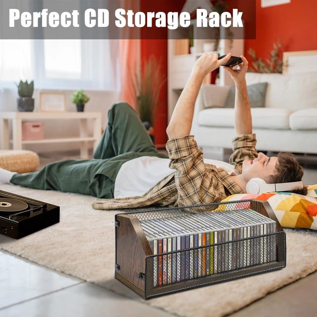 Alt view image 7 of 7 - CD Storage Rack, Wooden CD Organizer Holds 32 CDs, Retro CD Shelf for Desktop, Perfect for DVD, Blu ray & Video Game Cases, Space Saving