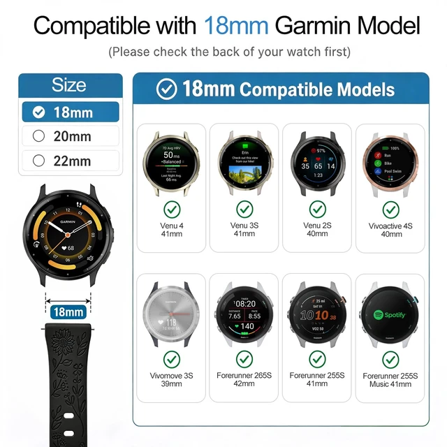 Alt view image 2 of 7 - 18mm Floral Engraved Strap Compatible with Garmin Venu 3S Watch Bands/Venu 2S/Venu 4 41mm/Vivoactive 4S/Vivomove 3S/Forerunner 265S 255S, 5 Pack Sport Silicone Wristbands for Women Men