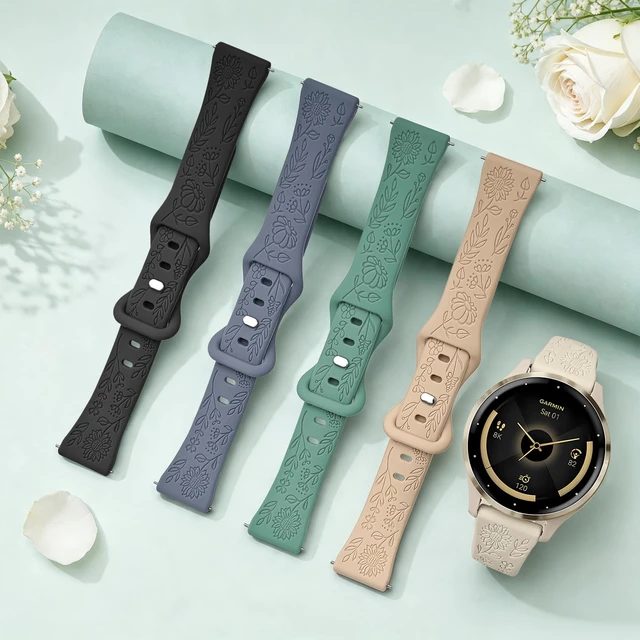 Alt view image 4 of 7 - 18mm Floral Engraved Strap Compatible with Garmin Venu 3S Watch Bands/Venu 2S/Venu 4 41mm/Vivoactive 4S/Vivomove 3S/Forerunner 265S 255S, 5 Pack Sport Silicone Wristbands for Women Men