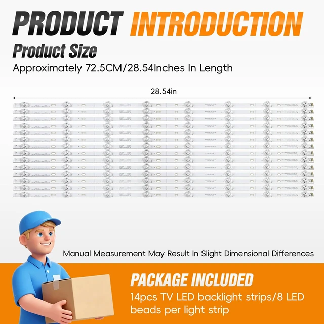 Alt view image 2 of 6 - 75R6E1 75R7E2 14PCS LED Backlight Strips Fit for Hisense 75" TV Fits 75RGE, 75R7070E2; CRH-BX75S3U713030T14088BS; 728mm, 8 LEDs, 3V, Alu Bar