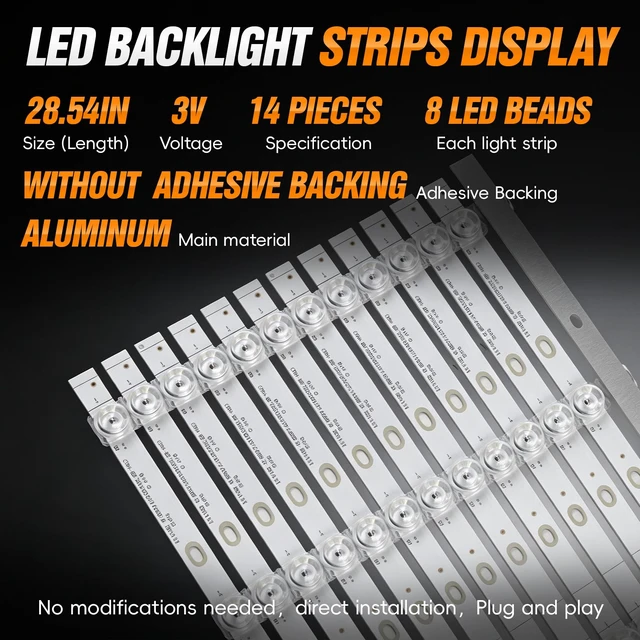 Alt view image 5 of 6 - 75R6E1 75R7E2 14PCS LED Backlight Strips Fit for Hisense 75" TV Fits 75RGE, 75R7070E2; CRH-BX75S3U713030T14088BS; 728mm, 8 LEDs, 3V, Alu Bar