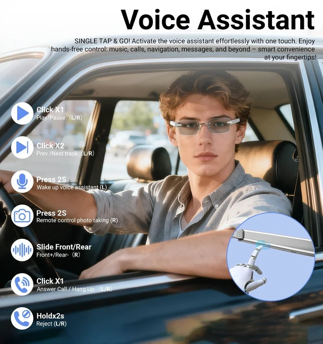 Alt view image 6 of 7 - Smart Glasses,Rimless Photochromic Bluetooth Glasses with Speaker&Open-Ear HD Sound Mic- UV400 Protection, Voice Control & Hands-Free Calls,Unisex Safety Sunglasses for Music/Driving