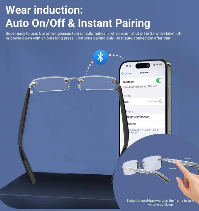Alt view image 7 of 7 - Smart Glasses,Rimless Photochromic Bluetooth Glasses with Speaker&Open-Ear HD Sound Mic- UV400 Protection, Voice Control & Hands-Free Calls,Unisex Safety Sunglasses for Music/Driving