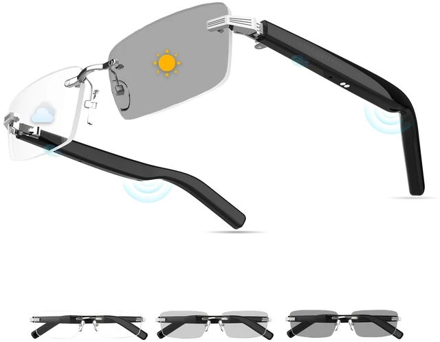 Main image of Smart Glasses,Rimless Photochromic Bluetooth Glasses with Speaker&Open-Ear HD Sound Mic- UV400 Protection, Voice Control & Hands-Free Calls,Unisex Safety Sunglasses for Music/Driving