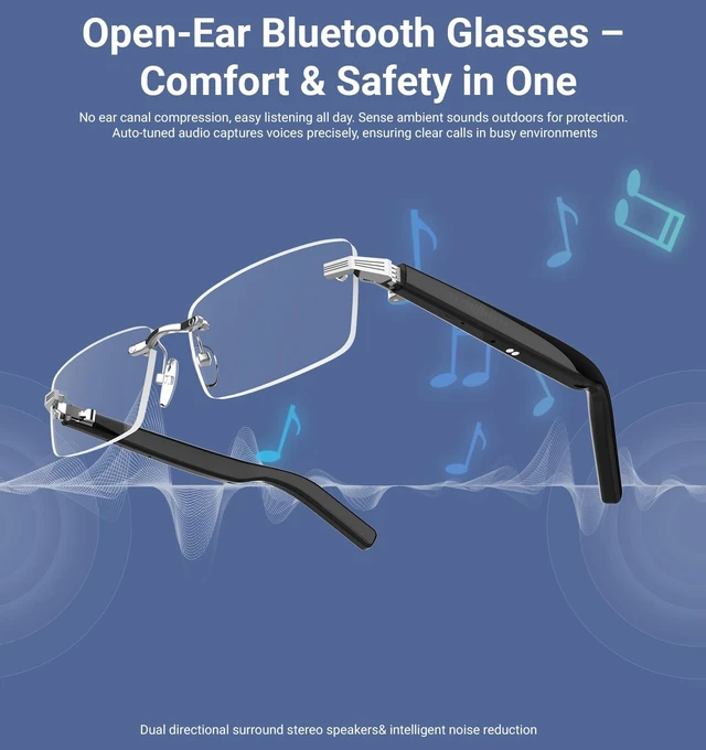 Alt view image 6 of 7 - Smart Glasses,Rimless Photochromic Bluetooth Glasses with Speaker&Open-Ear HD Sound Mic- UV400 Protection, Voice Control & Hands-Free Calls,Unisex Safety Sunglasses for Music/Driving