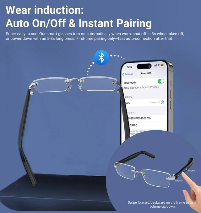 Alt view image 5 of 7 - Smart Glasses,Rimless Photochromic Bluetooth Glasses with Speaker&Open-Ear HD Sound Mic- UV400 Protection, Voice Control & Hands-Free Calls,Unisex Safety Sunglasses for Music/Driving