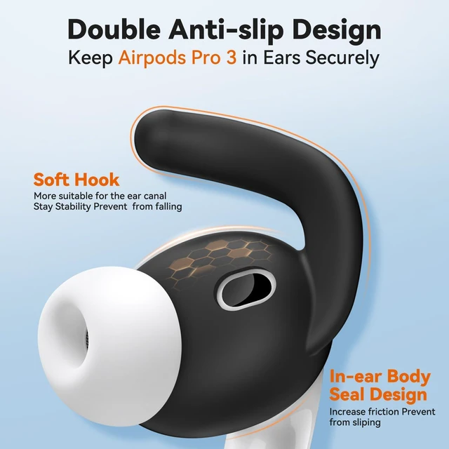 Alt view image 4 of 7 - 4 Pairs for AirPods Pro 3 Ear Hooks, Anti-Slip Ear Tips (Black) Silicone, Soft, Skin-friendly, Comfortable to Wear, Fits All Ear Shapes, with Cleaning Pen/Carabiner/Storage Pouch