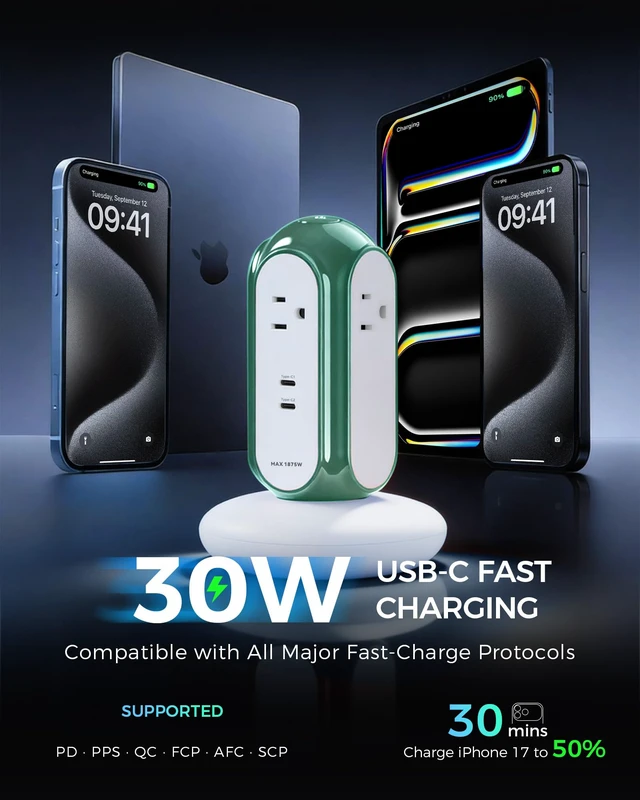 Alt view image 2 of 7 - 6-in-1 30W USB-C Fast Charging Power Strip Tower, 4 AC & 2 USB-C Ports 1420J Surge Protection, Overload Protection, 850°C Flame-Retardant Housing, 50% Thicker Copper Wire, 6.6FT (2m) Cord