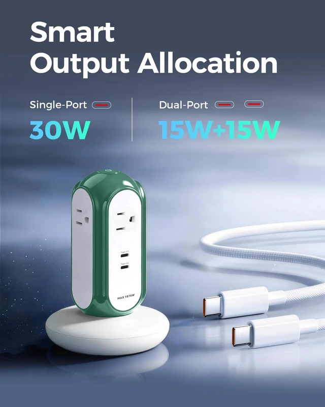 Alt view image 3 of 7 - 6-in-1 30W USB-C Fast Charging Power Strip Tower, 4 AC & 2 USB-C Ports 1420J Surge Protection, Overload Protection, 850°C Flame-Retardant Housing, 50% Thicker Copper Wire, 6.6FT (2m) Cord