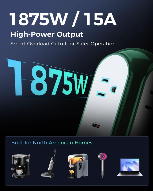 Alt view image 4 of 7 - 6-in-1 30W USB-C Fast Charging Power Strip Tower, 4 AC & 2 USB-C Ports 1420J Surge Protection, Overload Protection, 850°C Flame-Retardant Housing, 50% Thicker Copper Wire, 6.6FT (2m) Cord