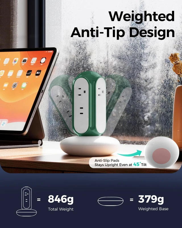 Alt view image 7 of 7 - 6-in-1 30W USB-C Fast Charging Power Strip Tower, 4 AC & 2 USB-C Ports 1420J Surge Protection, Overload Protection, 850°C Flame-Retardant Housing, 50% Thicker Copper Wire, 6.6FT (2m) Cord