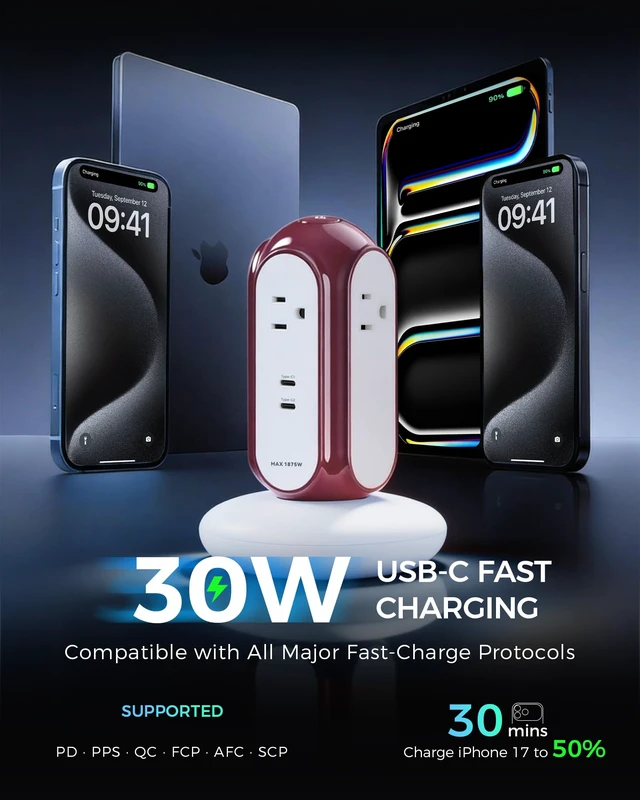 Alt view image 2 of 7 - 6-in-1 30W USB-C Fast Charging Power Strip Tower, 4 AC & 2 USB-C Ports 1420J Surge Protection, Overload Protection, 850°C Flame-Retardant Housing, 50% Thicker Copper Wire, 6.6FT (2m) Cord