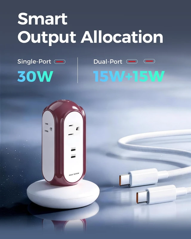 Alt view image 3 of 7 - 6-in-1 30W USB-C Fast Charging Power Strip Tower, 4 AC & 2 USB-C Ports 1420J Surge Protection, Overload Protection, 850°C Flame-Retardant Housing, 50% Thicker Copper Wire, 6.6FT (2m) Cord