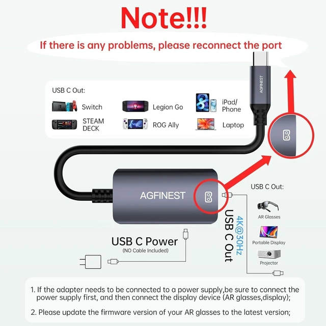 Alt view image 5 of 7 - USB C to AR Glasses Adapter Power and Play Adapter for AR Glasses Support PD 100W, 4K @ 60Hz Compatible with iPhone 15/16 Viture/Rokid/Xreal AR Glasses (Dual USB C)