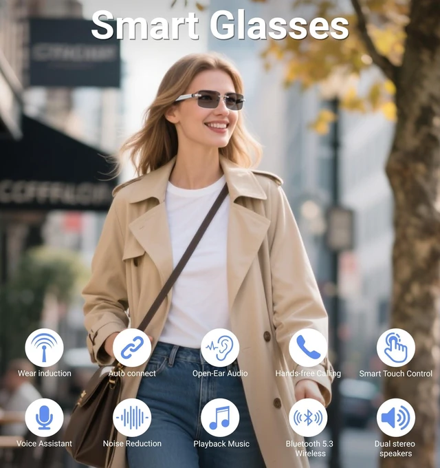 Alt view image 2 of 7 - Smart Glasses,Rimless Photochromic Bluetooth Glasses with Speaker&Open-Ear HD Sound Mic- UV400 Protection, Voice Control & Hands-Free Calls,Unisex Safety Sunglasses for Music/Driving