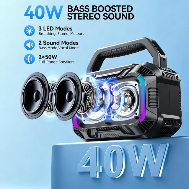 Alt view image 2 of 7 - Speakers Bluetooth Wireless, 40W Loud Outdoor Speaker with Bass, IPX7 Waterproof Floatable, 20H Playtime, Wireless Charge, TWS, RGB Light, Portable Speaker for Work, Garage, Outdoor(S-Black)