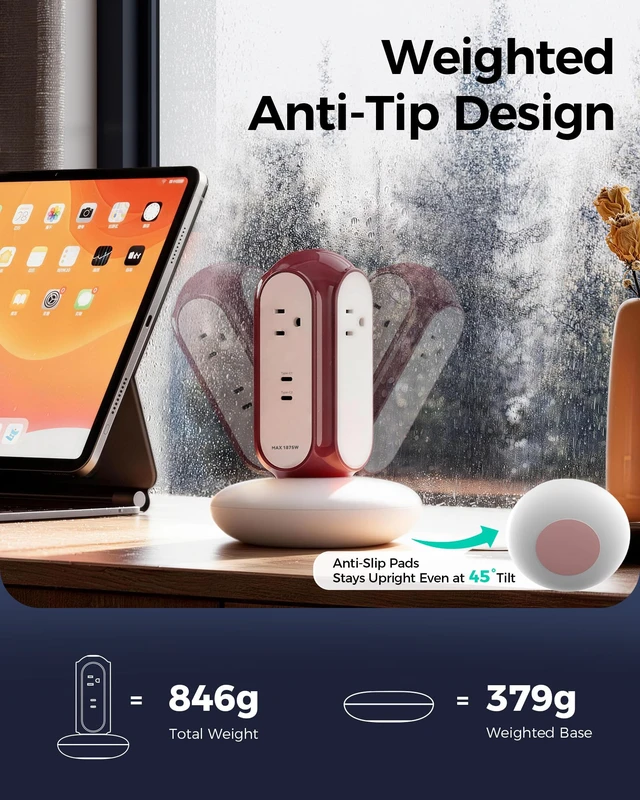 Alt view image 7 of 7 - 6-in-1 30W USB-C Fast Charging Power Strip Tower, 4 AC & 2 USB-C Ports 1420J Surge Protection, Overload Protection, 850°C Flame-Retardant Housing, 50% Thicker Copper Wire, 6.6FT (2m) Cord