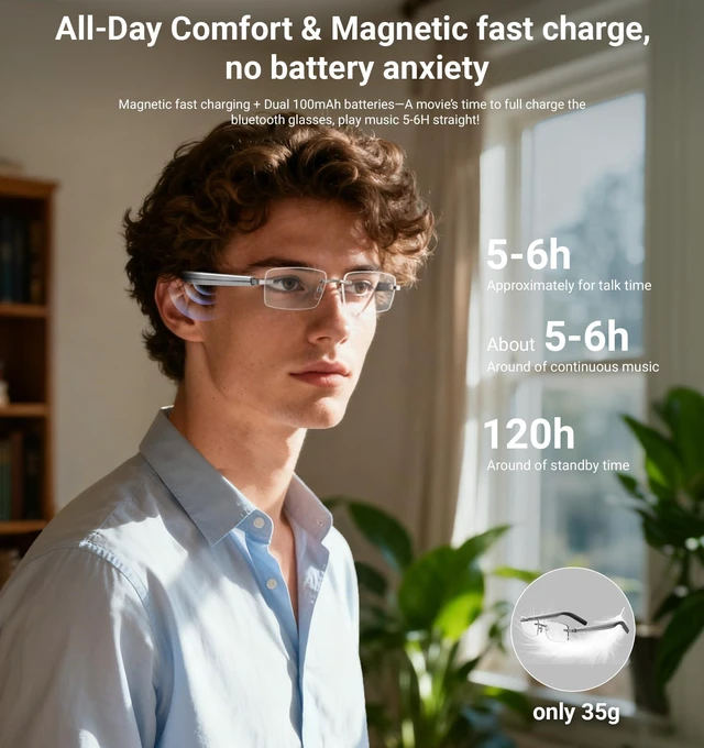 Alt view image 4 of 7 - Smart Glasses,Rimless Photochromic Bluetooth Glasses with Speaker&Open-Ear HD Sound Mic- UV400 Protection, Voice Control & Hands-Free Calls,Unisex Safety Sunglasses for Music/Driving