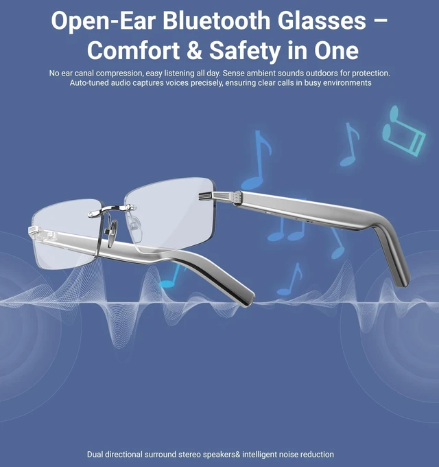 Alt view image 5 of 7 - Smart Glasses,Rimless Photochromic Bluetooth Glasses with Speaker&Open-Ear HD Sound Mic- UV400 Protection, Voice Control & Hands-Free Calls,Unisex Safety Sunglasses for Music/Driving