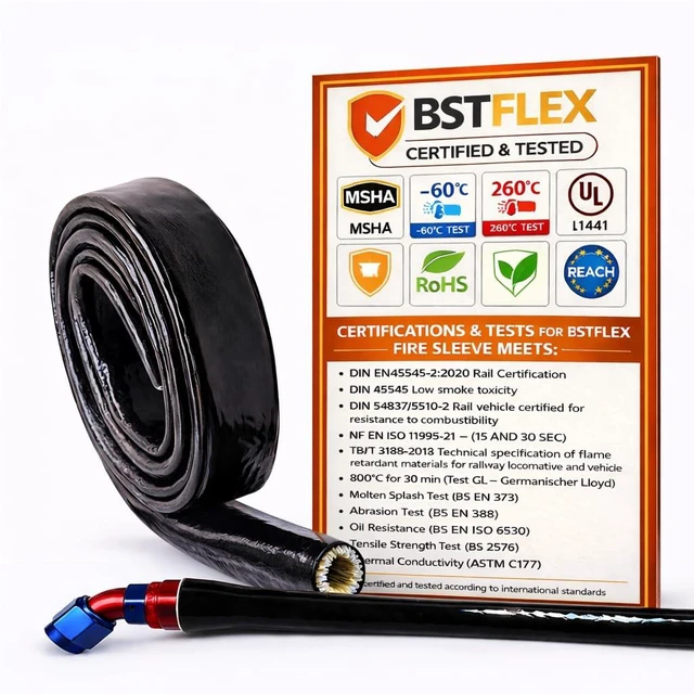 Main image of Silicone Coated Fiberglass Fire Sleeve 3/4'' ID x 5FT Heat Shield Hose Wrap, Flame Retardant & Thermal Insulation Protection for Automotive Fuel Lines, Wires & Cables Black