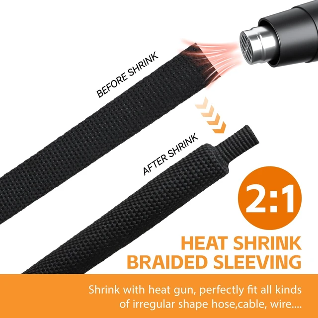 Alt view image 3 of 7 - Heat Shrink Braided Sleeving, 10ft 2:1 Shrinkable Fabric Heat Shrink Tubing, Wear-Resistant Car Cable Wires Hoses Protection, Ideal Fit Irregular Shape Hose (Black, 5/8")