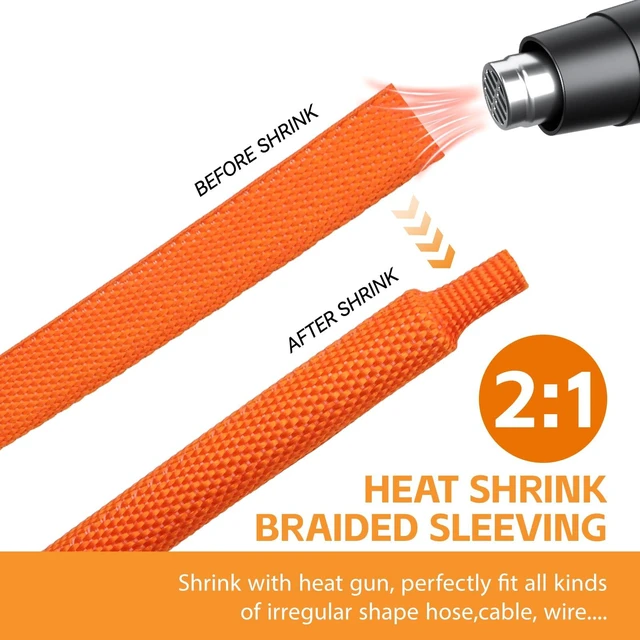 Alt view image 3 of 7 - Heat Shrink Braided Sleeving, 10ft 2:1 Shrinkable Fabric Heat Shrink Tubing, Wear-Resistant Car Cable Wires Hoses Protection, Ideal Fit Irregular Shape Hose (Orange, 5/8")