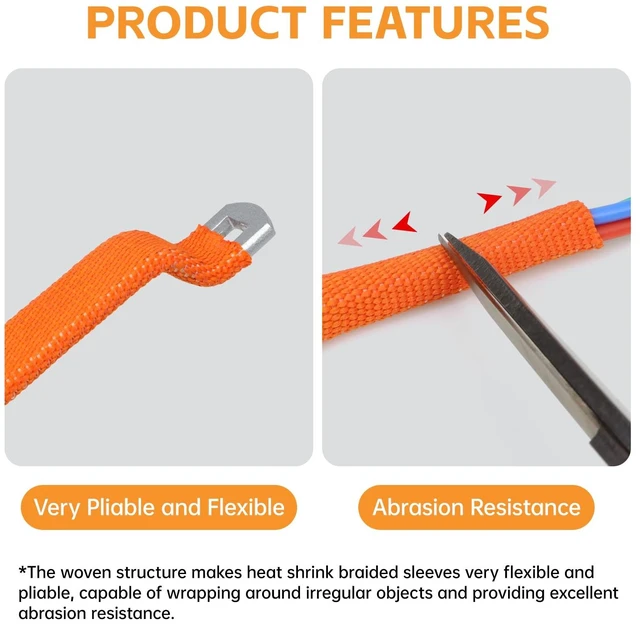 Alt view image 4 of 7 - Heat Shrink Braided Sleeving, 10ft 2:1 Shrinkable Fabric Heat Shrink Tubing, Wear-Resistant Car Cable Wires Hoses Protection, Ideal Fit Irregular Shape Hose (Orange, 5/8")