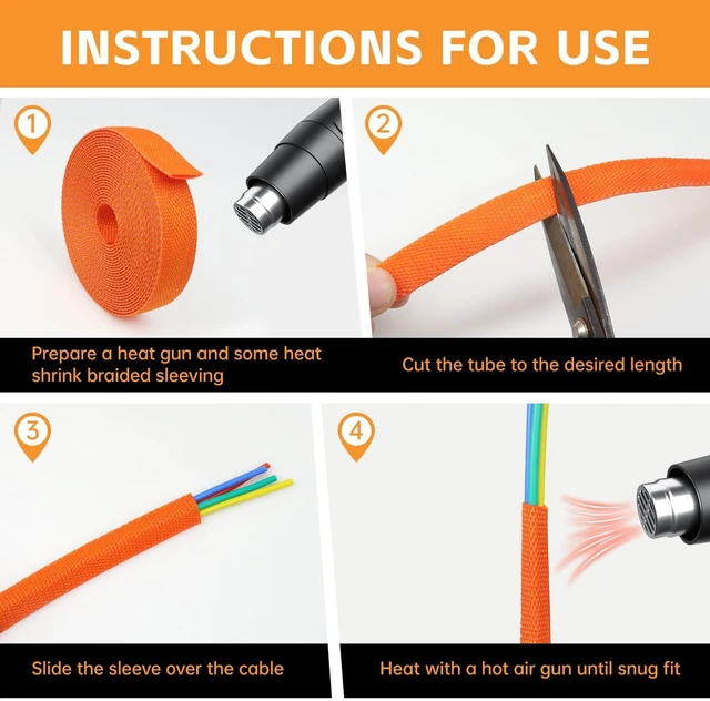 Alt view image 6 of 7 - Heat Shrink Braided Sleeving, 10ft 2:1 Shrinkable Fabric Heat Shrink Tubing, Wear-Resistant Car Cable Wires Hoses Protection, Ideal Fit Irregular Shape Hose (Orange, 5/8")