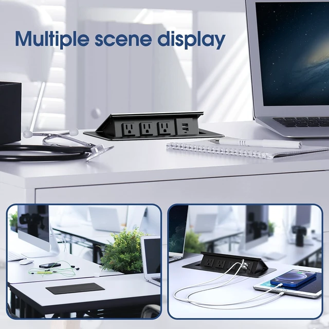 Alt view image 7 of 7 - Connection Box Desktop Pop Up Outlet with 2 USB Ports & 3 Outlets(Black)