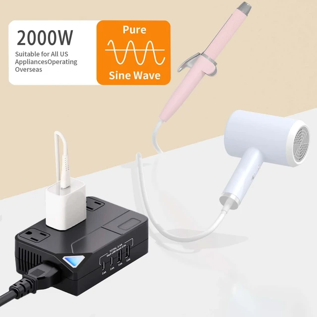 Alt view image 2 of 7 - 100V220V Travel Converter, 2000W Voltage Converter with 2 USB and 2 USB-C Charging Ports and 3 AC Plugs for Curling Irons and Hair straighteners; Included Plugs are Types A, C, D, G, I, and L