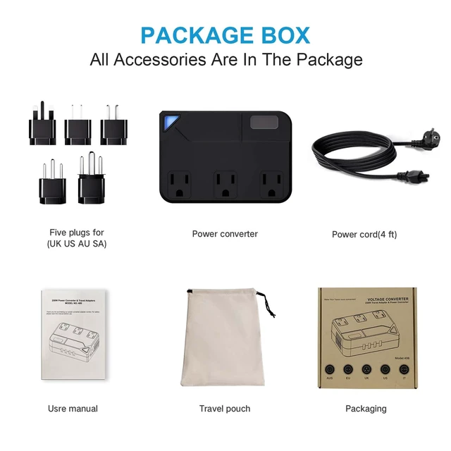 Alt view image 5 of 7 - 100V220V Travel Converter, 2000W Voltage Converter with 2 USB and 2 USB-C Charging Ports and 3 AC Plugs for Curling Irons and Hair straighteners; Included Plugs are Types A, C, D, G, I, and L