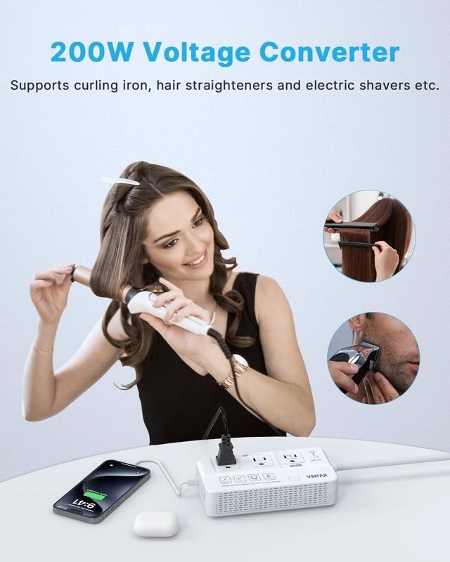 Alt view image 3 of 7 - 2000W 220V to 110V Voltage Converter for Hair Dryers/Curling Irons 7 in 1 Universal Travel Adapter, 4 USB Ports(2 USB C), Step Down Voltage Converter for US to Europe UK JP India AU SA