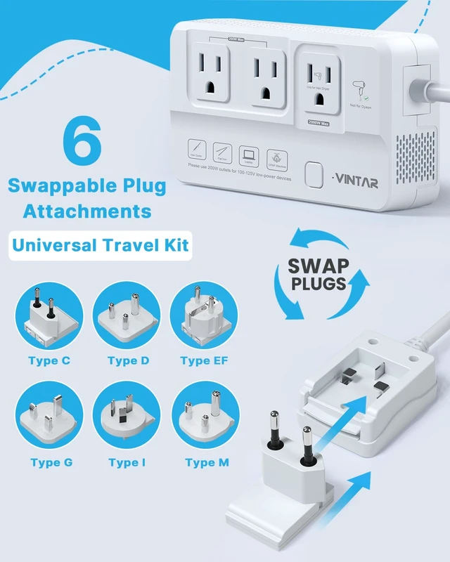 Alt view image 6 of 7 - 2000W 220V to 110V Voltage Converter for Hair Dryers/Curling Irons 7 in 1 Universal Travel Adapter, 4 USB Ports(2 USB C), Step Down Voltage Converter for US to Europe UK JP India AU SA