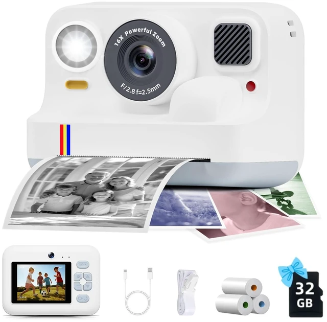 Main image of Instant Print Camera for Kids, Christmas Birthday Gifts for Girls Boys Age 3-15, 1080P Selfie Portable Digital Video Camera with 32GB SD Card, 3-Colored Print Paper- White
