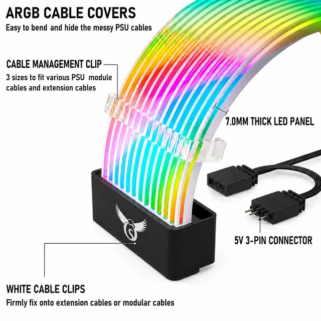 Alt view image 3 of 7 - Osprey ARGB PSU Cable Cover, 24-Pin ATX, 108 LED ARGB, 5V 3-Pin, Black Flexible cover,organize and cover visible power wiring,striking RGB lighting feature inside your PC case,three clip types