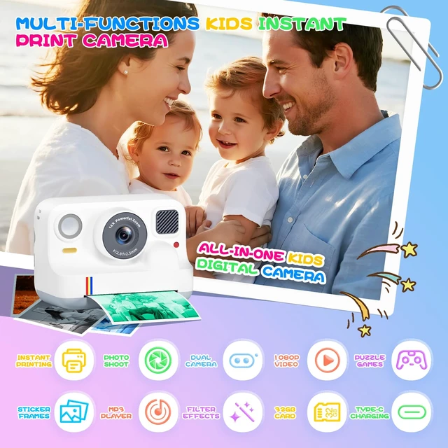 Alt view image 2 of 7 - Instant Print Camera for Kids, Christmas Birthday Gifts for Girls Boys Age 3-15, 1080P Selfie Portable Digital Video Camera with 32GB SD Card, 3-Colored Print Paper- White