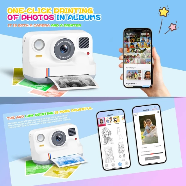 Alt view image 3 of 7 - Instant Print Camera for Kids, Christmas Birthday Gifts for Girls Boys Age 3-15, 1080P Selfie Portable Digital Video Camera with 32GB SD Card, 3-Colored Print Paper- White