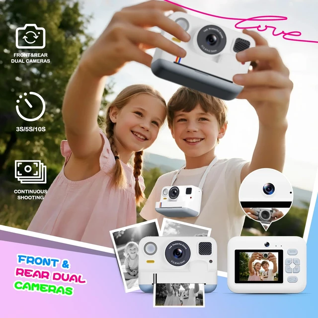 Alt view image 5 of 7 - Instant Print Camera for Kids, Christmas Birthday Gifts for Girls Boys Age 3-15, 1080P Selfie Portable Digital Video Camera with 32GB SD Card, 3-Colored Print Paper- White