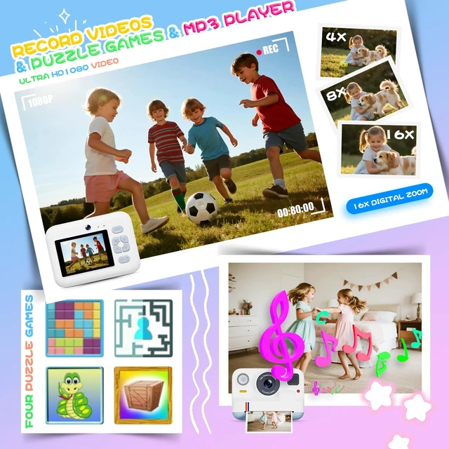 Alt view image 6 of 7 - Instant Print Camera for Kids, Christmas Birthday Gifts for Girls Boys Age 3-15, 1080P Selfie Portable Digital Video Camera with 32GB SD Card, 3-Colored Print Paper- White
