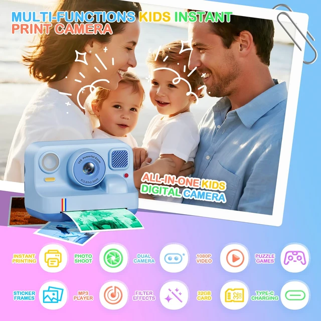 Alt view image 2 of 7 - Instant Print Camera for Kids, Christmas Birthday Gifts for Girls Boys Age 3-15, 1080P Selfie Portable Digital Video Camera with 32GB SD Card, 3-Colored Print Paper- Blue