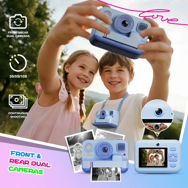 Alt view image 5 of 7 - Instant Print Camera for Kids, Christmas Birthday Gifts for Girls Boys Age 3-15, 1080P Selfie Portable Digital Video Camera with 32GB SD Card, 3-Colored Print Paper- Blue