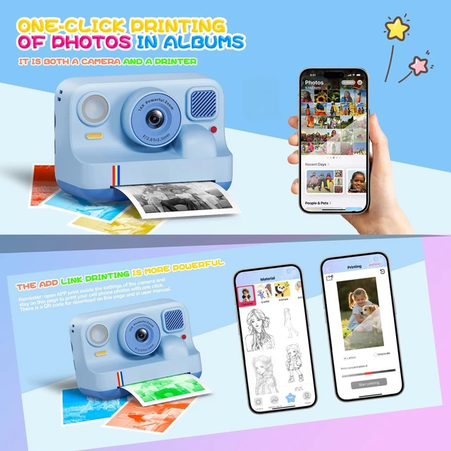 Alt view image 3 of 7 - Instant Print Camera for Kids, Christmas Birthday Gifts for Girls Boys Age 3-15, 1080P Selfie Portable Digital Video Camera with 32GB SD Card, 3-Colored Print Paper- Blue