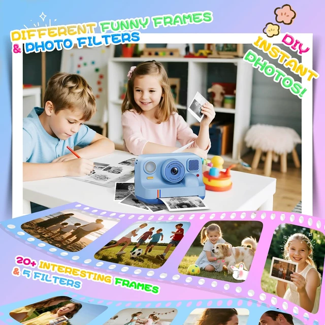Alt view image 6 of 7 - Instant Print Camera for Kids, Christmas Birthday Gifts for Girls Boys Age 3-15, 1080P Selfie Portable Digital Video Camera with 32GB SD Card, 3-Colored Print Paper- Blue
