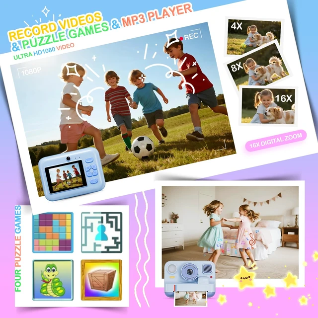Alt view image 7 of 7 - Instant Print Camera for Kids, Christmas Birthday Gifts for Girls Boys Age 3-15, 1080P Selfie Portable Digital Video Camera with 32GB SD Card, 3-Colored Print Paper- Blue