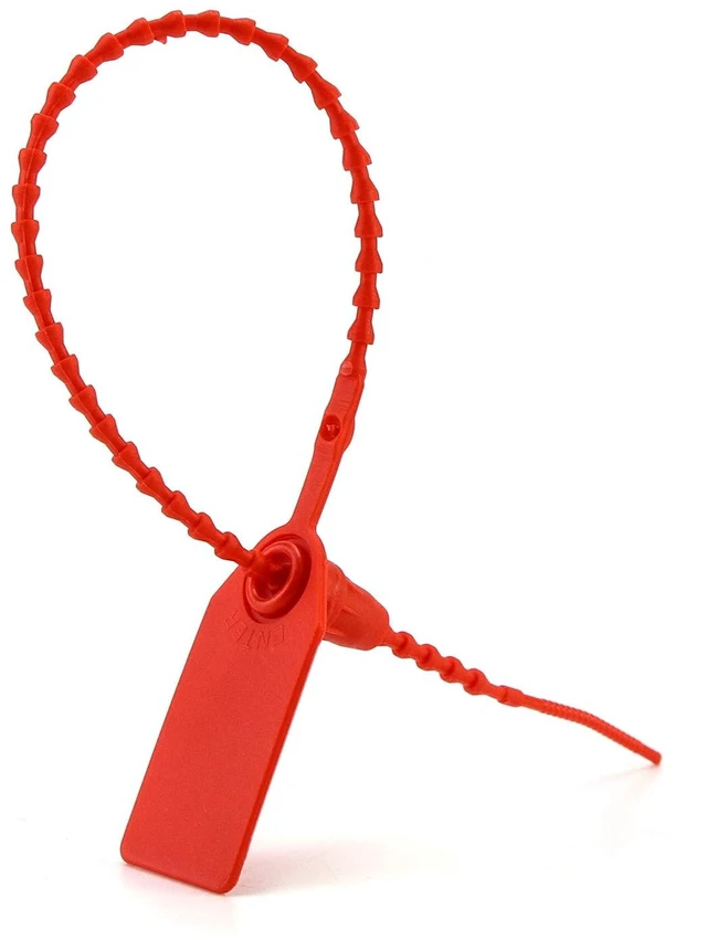 Main image of Plastic Tamper Seals, 100Pcs Tamper Self-Locking Security Zip Tie, Security Tag for Fire Extinguishers and Fire Safety, 9-13/16" Long, Red