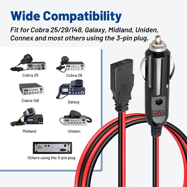 Alt view image 2 of 7 - 2 Pack Cb Radio Power Cord 12V 3-Pin Plug Fused Replacement CB Power Cable 2 Black and Red Wires 15A 3-Pin Cigarette Lighter Plug Socket for Cb Ham Radio