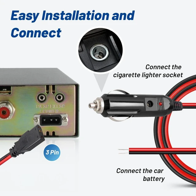 Alt view image 5 of 7 - 2 Pack Cb Radio Power Cord 12V 3-Pin Plug Fused Replacement CB Power Cable 2 Black and Red Wires 15A 3-Pin Cigarette Lighter Plug Socket for Cb Ham Radio